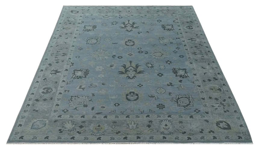 Antique style Blue, Silver and Charcoal Hand Knotted Oushak Wool Area Rug