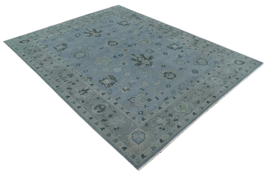 Antique style Blue, Silver and Charcoal Hand Knotted Oushak Wool Area Rug