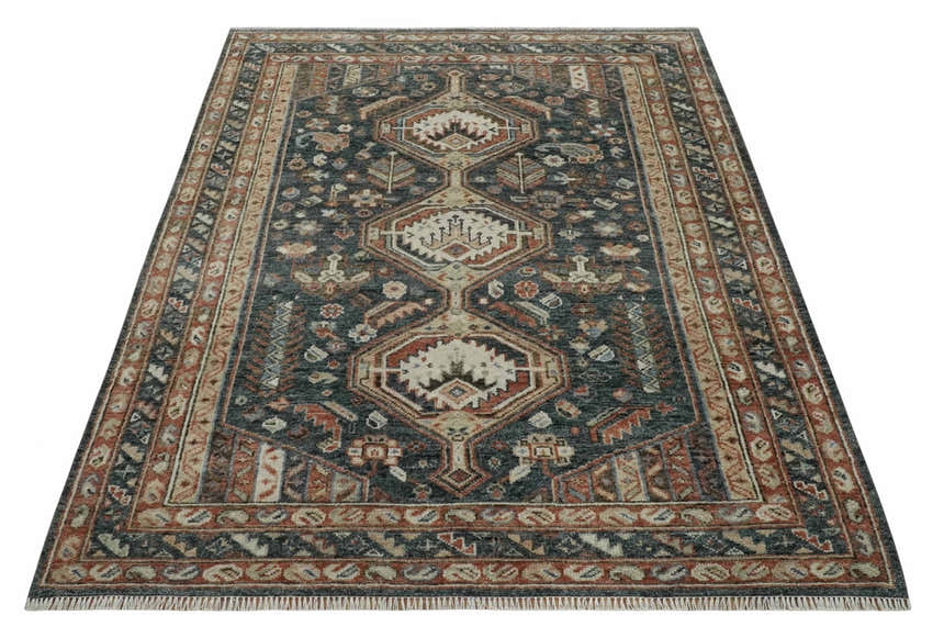 Antique Style Charcoal, Beige and Rust Hand knotted Custom Made wool Area Rug