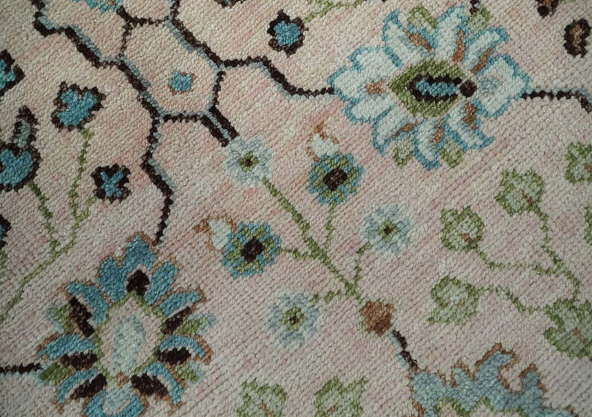Antique Style floral Hand knotted Peach Pink and Green Custom Made Wool Area Rug