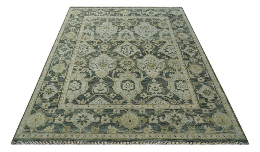 Antique style Gray, Ivory and Olive Hand knotted Traditional Oushak wool Area Rug