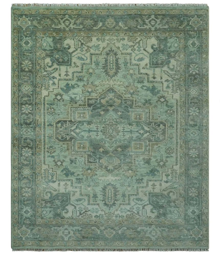 Custom Made Hand Knotted Green and Taupe Traditional wool rug