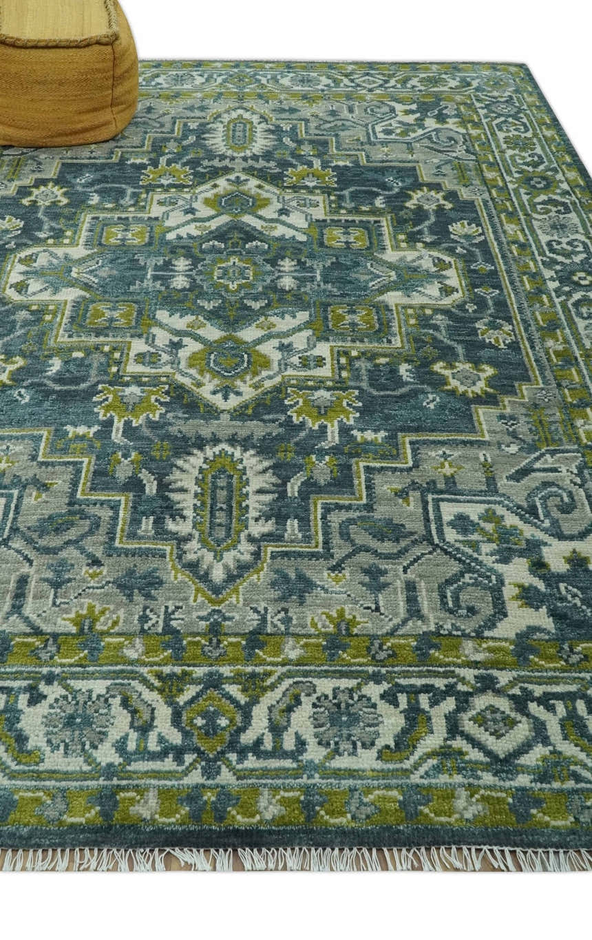 Antique Style Hand Knotted Teal, Gray and Green Traditional multi Size wool rug