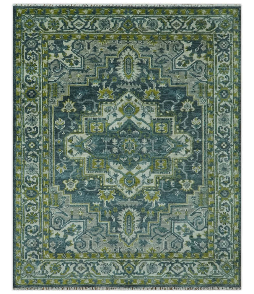 Antique Style Hand Knotted Teal, Gray and Green Traditional multi Size wool rug