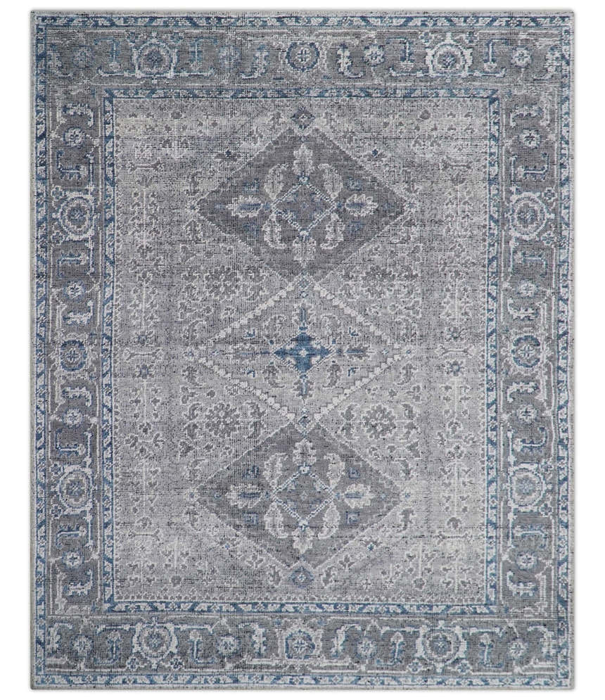 Antique Style Hand Knotted Traditional Blue and Gray Wool Area Rug