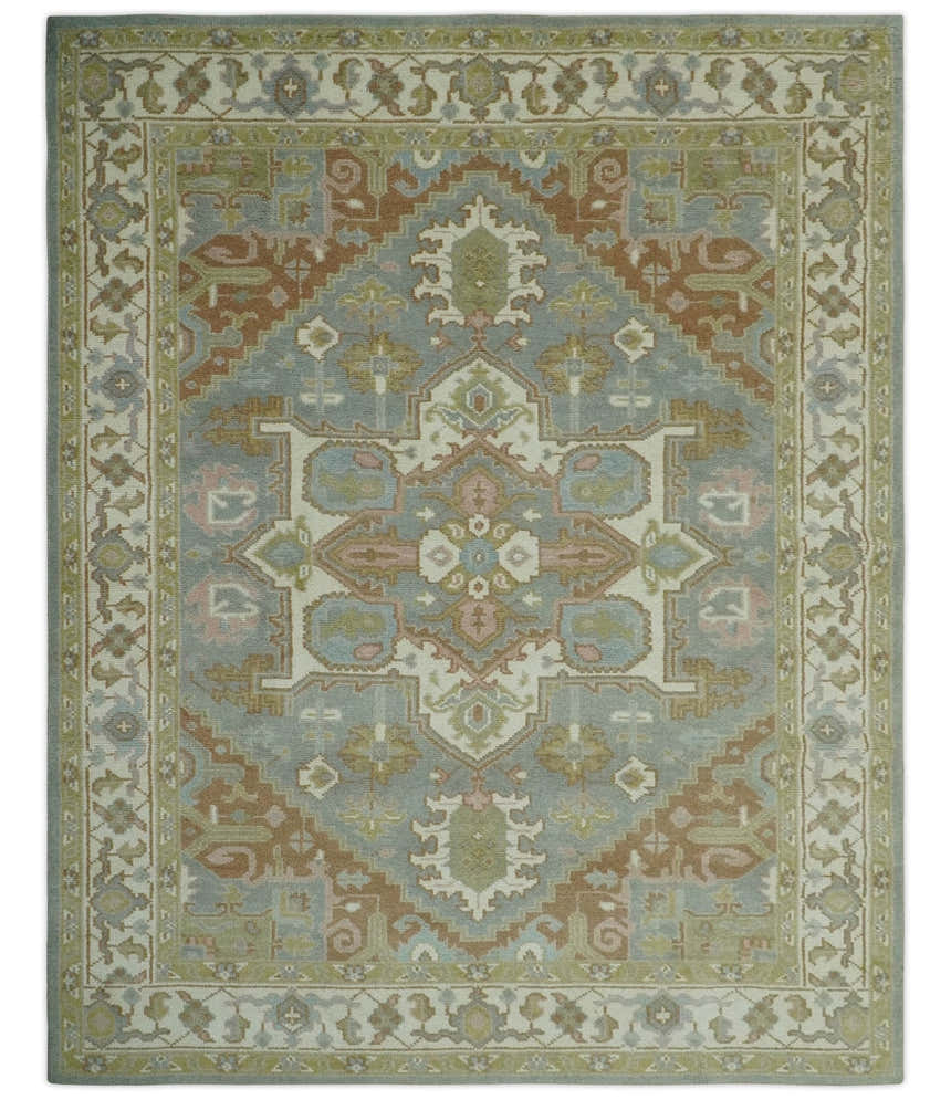 Antique Style Traditional Heriz Gray, Ivory, Peach and Olive Hand Knotted Multi Size wool Area Rug