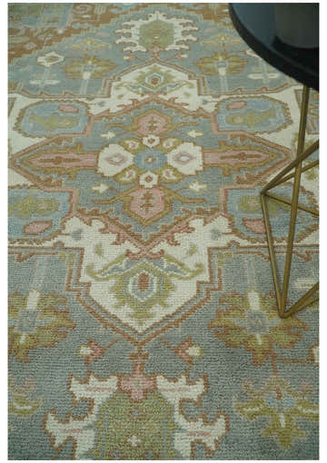 Antique Style Traditional Heriz Gray, Ivory, Peach and Olive Hand Knotted Multi Size wool Area Rug