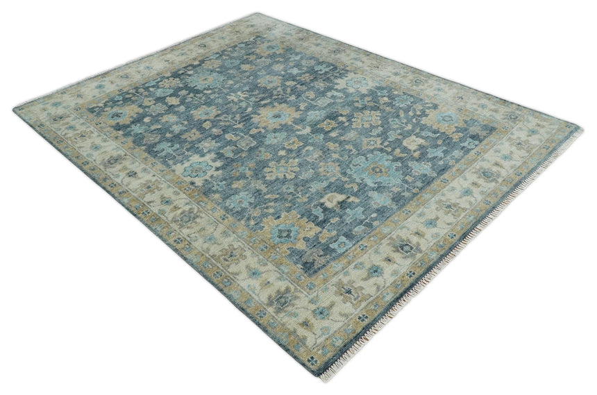 Antique Teal Blue Custom Made Hand Knotted Oriental Oushak Ivory and Beige Wool Area Rug