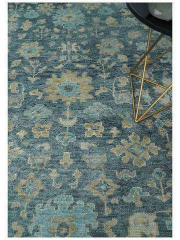 Antique Teal Blue Custom Made Hand Knotted Oriental Oushak Ivory and Beige Wool Area Rug