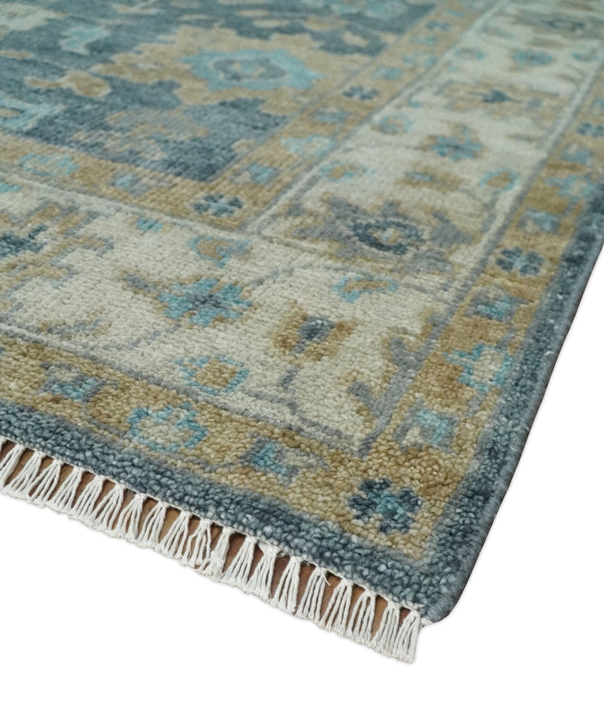 Antique Teal Blue Custom Made Hand Knotted Oriental Oushak Ivory and Beige Wool Area Rug
