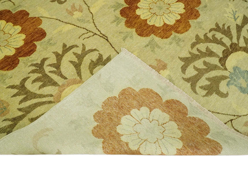Antique Modern Floral Olive and Rust Hand Knotted Wool Rug