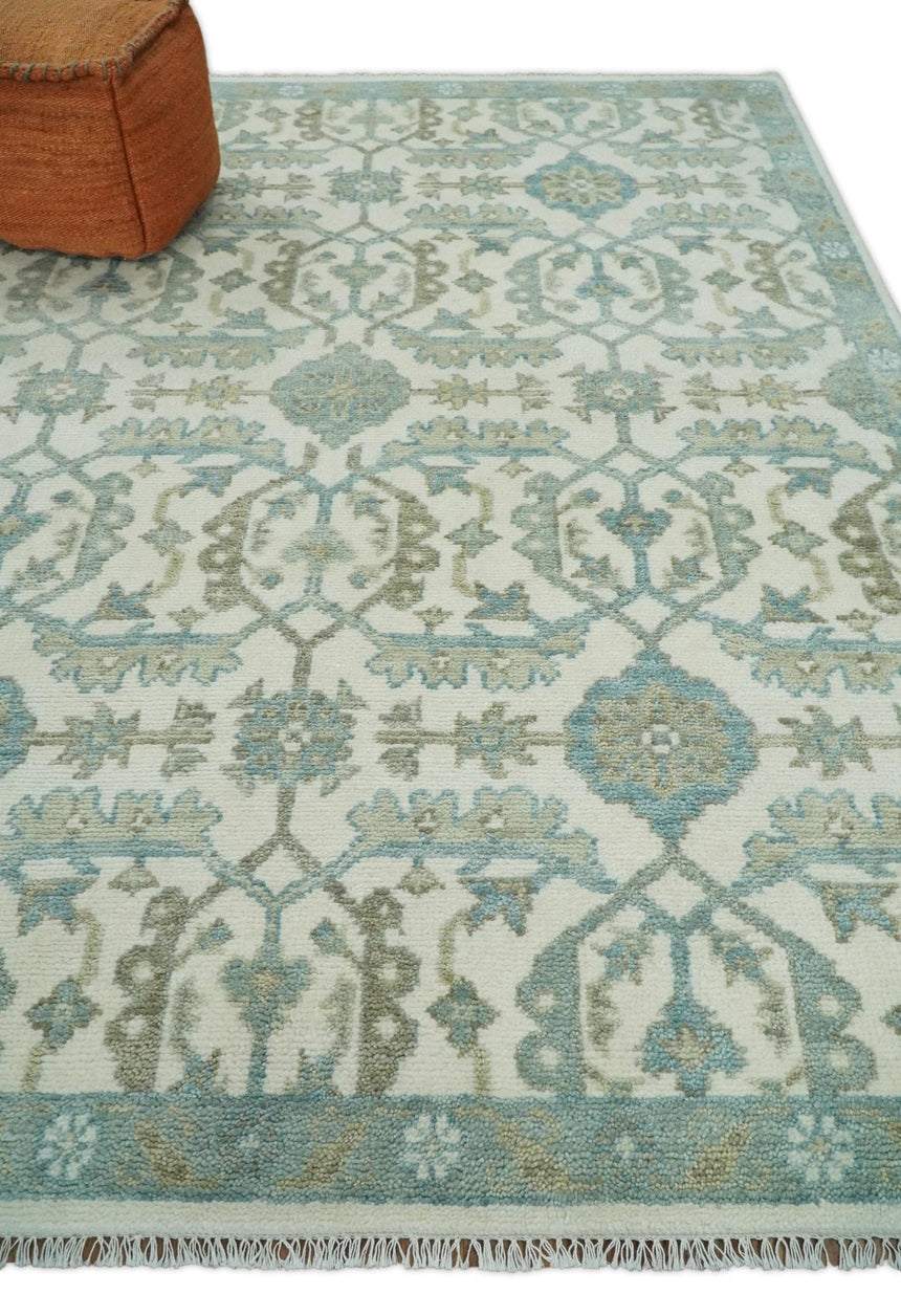 Ivory, Blue and Beige Hand knotted Traditional Large Design Multi Size wool Area Rug