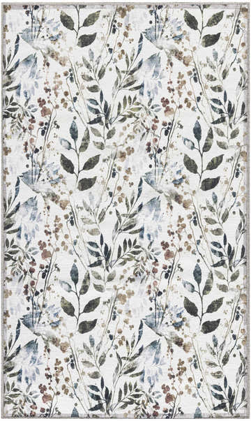 Close-up of Nourison Ivory Multicolor Contemporary Indoor Washable Area Rug with chestnut, blue, and green floral pattern.
