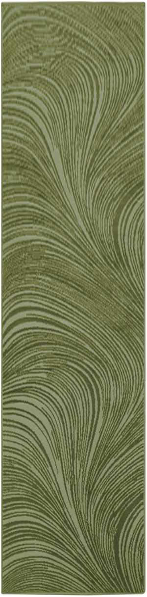 Close-up of the green DKNY Central Park West rug with a wavy, organic pattern and soft pile texture.