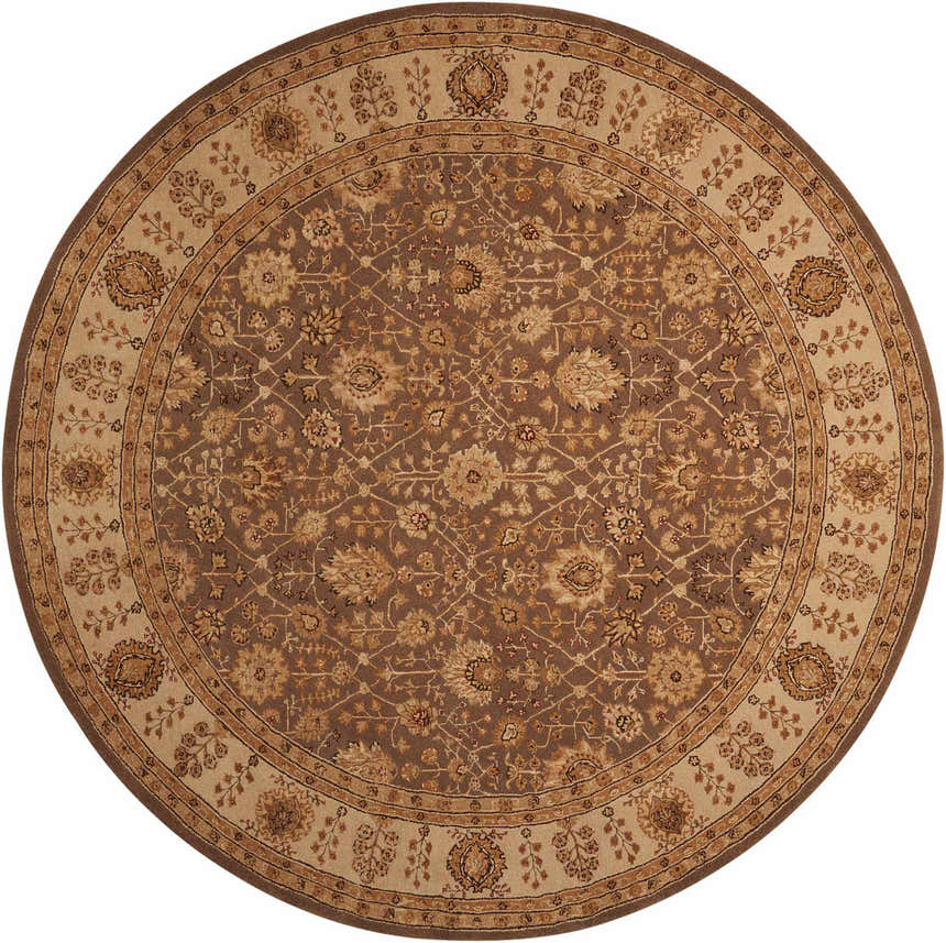 Close-up of round Nourison 3000 Taupe Persian rug; intricate floral pattern in taupe, ivory, and brown. Handmade wool and silk.