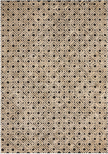 Close-up of the Nourison Deco Mod Black Beige rug featuring a geometric diamond pattern and textured weave.