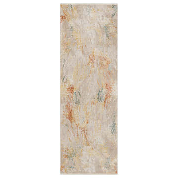 Close-up of Karastan Artifact Beige Area Rug showing abstract design with beige, gold, teal, and pink hues. Design-Runner