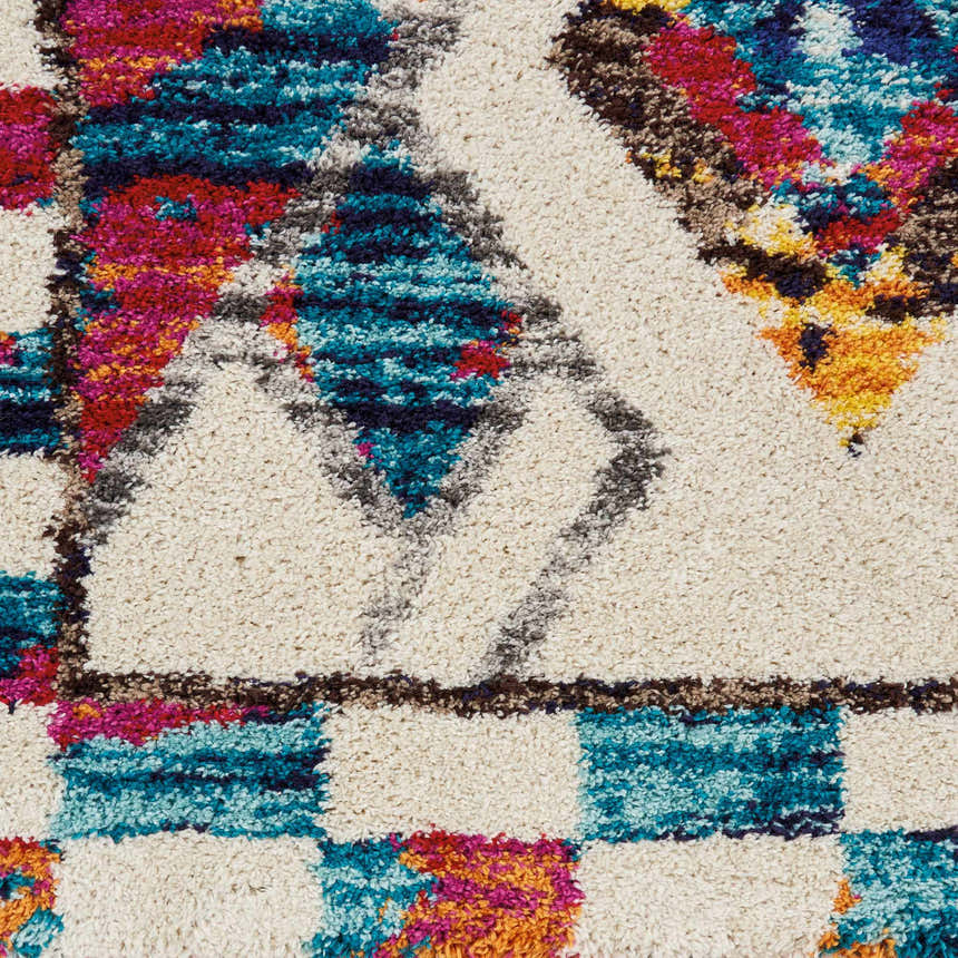 Close-up of the Nourison Nomad Ivory Multicolor Tribal rug, showcasing its plush texture and vibrant geometric patterns.