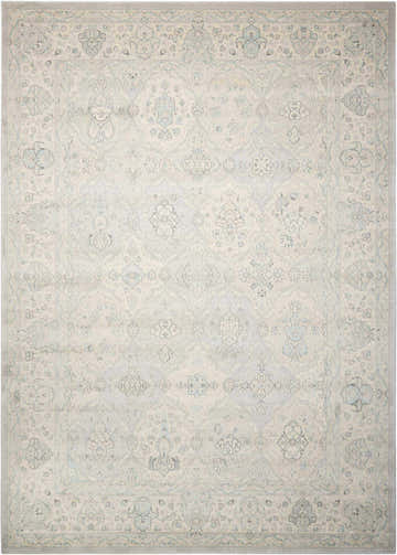 Close-up of Nourison Maymana Stone Persian rug. Sandstone color, traditional floral pattern, machine-made texture.