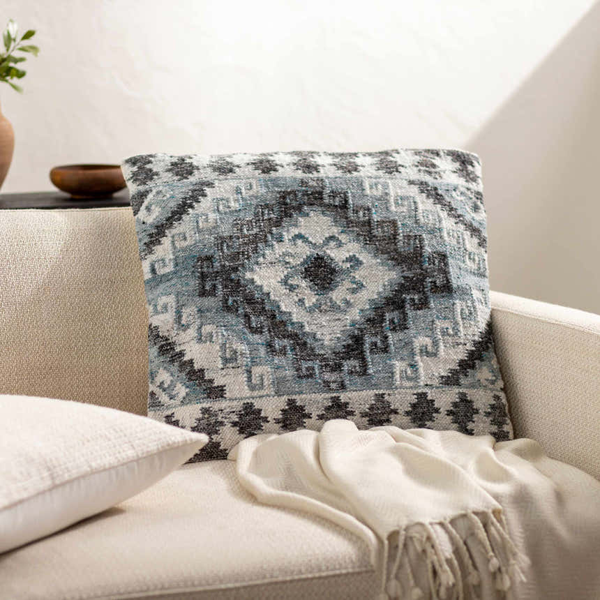 Ravnek Dusty Blue Geometric Southwest Recycled PET Yarn Accent Pillow - Clearance