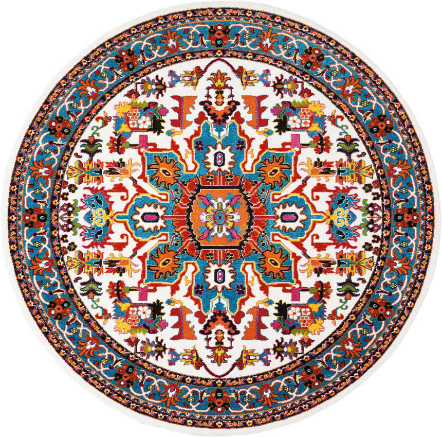 Close-up of the round Nourison Oakdale Ivory Vintage rug, featuring a colorful floral medallion pattern and chestnut accents.