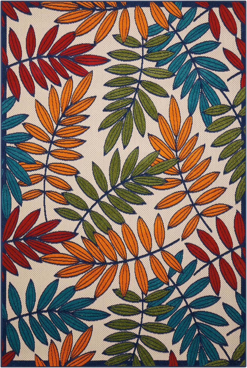 Close-up of Nourison Aloha Multicolor Tropical Area Rug featuring red, orange, green, and teal leaves on a beige background.