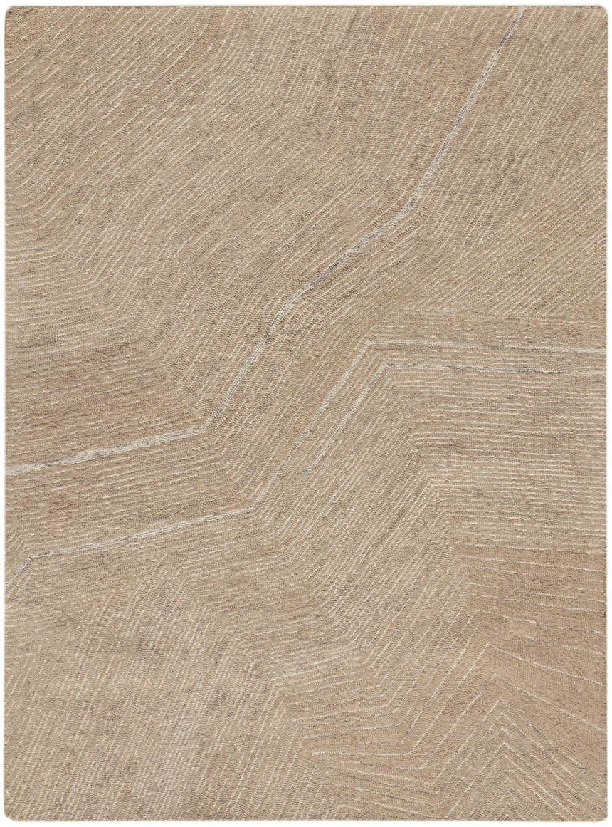 Close-up of the DKNY Pure Angles Camel rug. Handmade pile with a geometric, mid-century modern design.