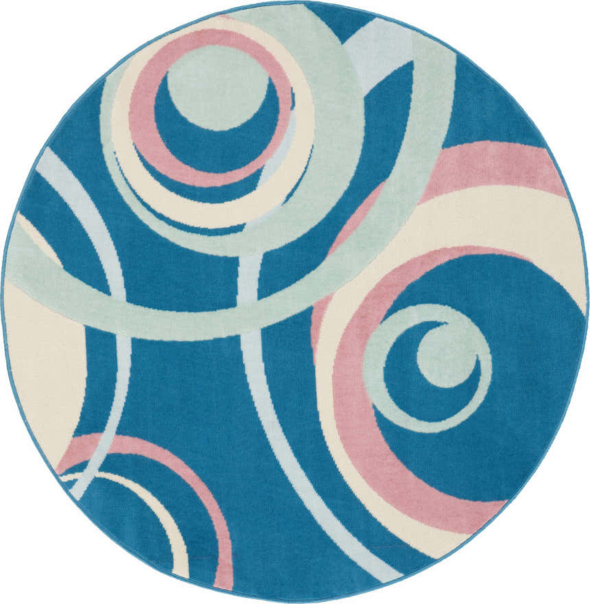Round Nourison Grafix rug in blue, pink, and cream. Eclectic style with a swirling pattern.