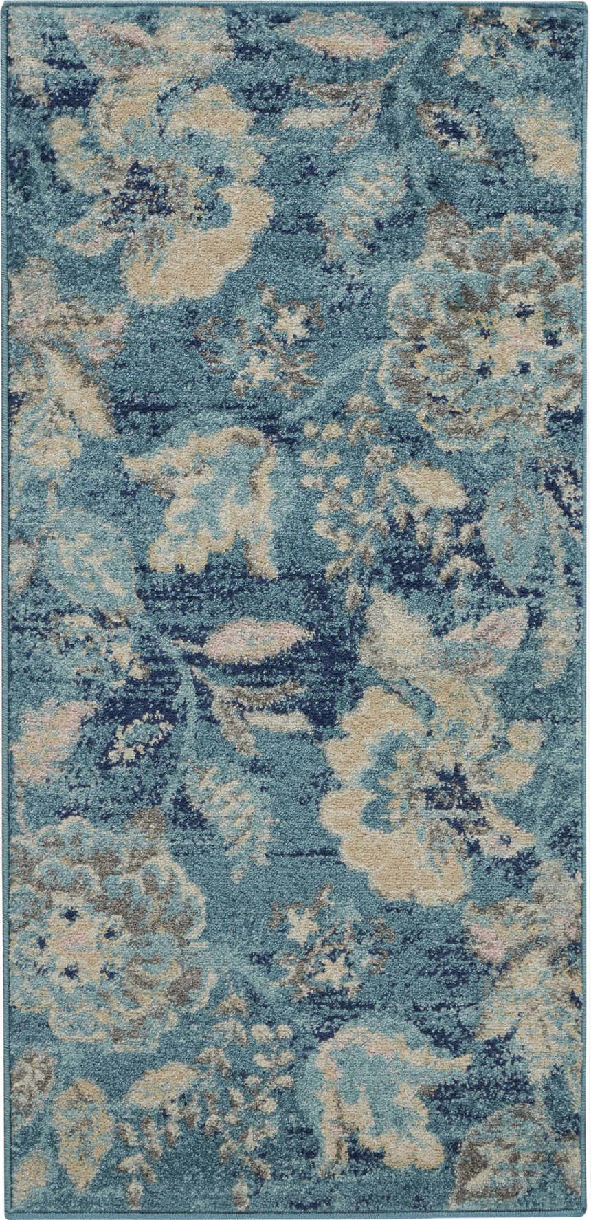 Close-up of the Nourison Tranquil Turquoise Vintage Indoor Area Rug. Aqua, beige, and navy floral pattern.