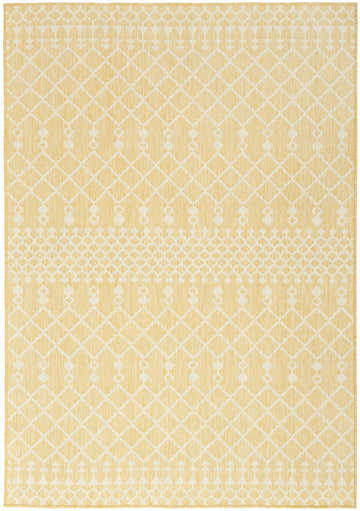 Close-up of Nourison Positano Yellow Modern Area Rug with a diamond and geometric pattern.