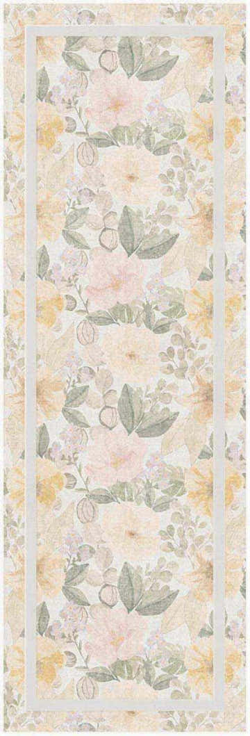 Close-up of Nourison Botanical Ivory Multicolor Farmhouse Rug, featuring a floral pattern in chestnut, pink, and green tones.