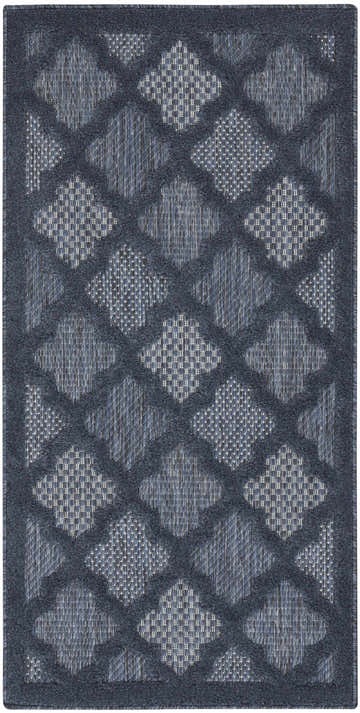 Close-up of the Nourison Easy Care Navy Blue Modern Area Rug, featuring a geometric diamond pattern and textured weave.