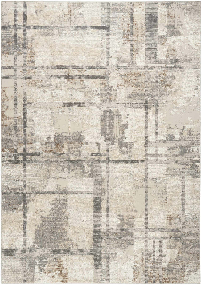 Close-up of Nourison Sustainable Trends Ivory Multicolor Rug. Mid-century modern style with chestnut, gray, and ivory tones.
