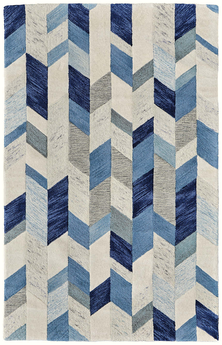 Close-up of Feizy Arazad rug. Blue, ivory, and gray geometric pattern. Hand-tufted cotton, nylon, and wool texture. Transitional style. Design-Rectangle-58
