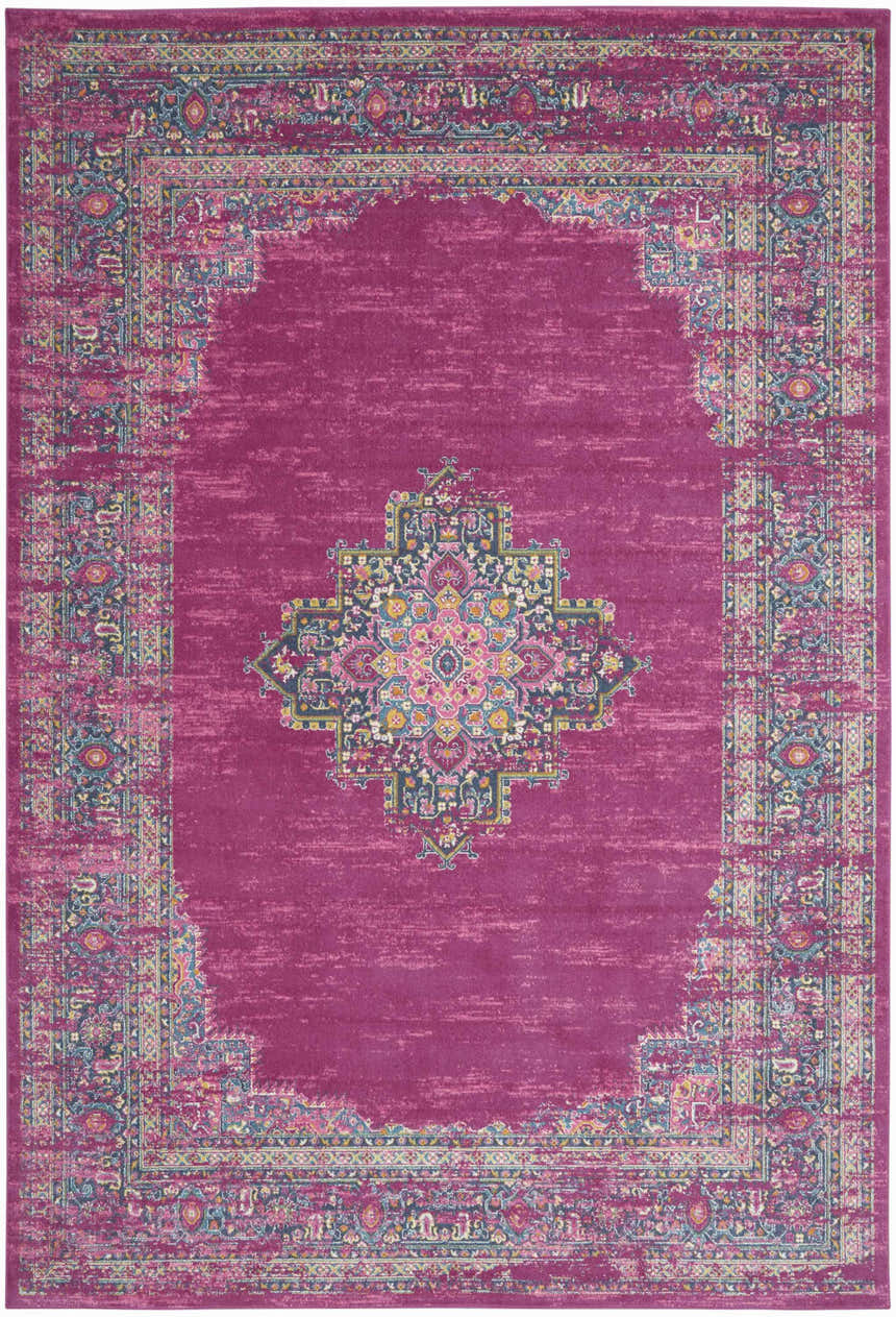 Close-up of the Nourison Passion Fuchsia rug, showcasing its bohemian pattern, fuchsia color, and distressed texture.