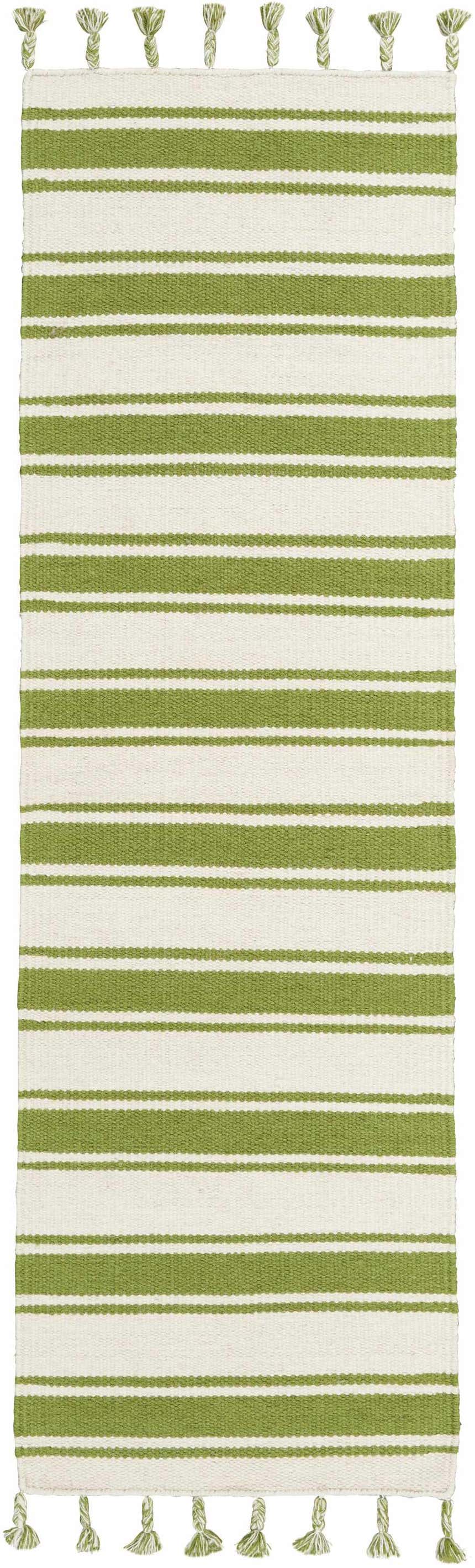 Close-up of the Nourison Rio Vista Ivory/Green rug. Striped, bohemian design with tassels. Handmade wool runner.