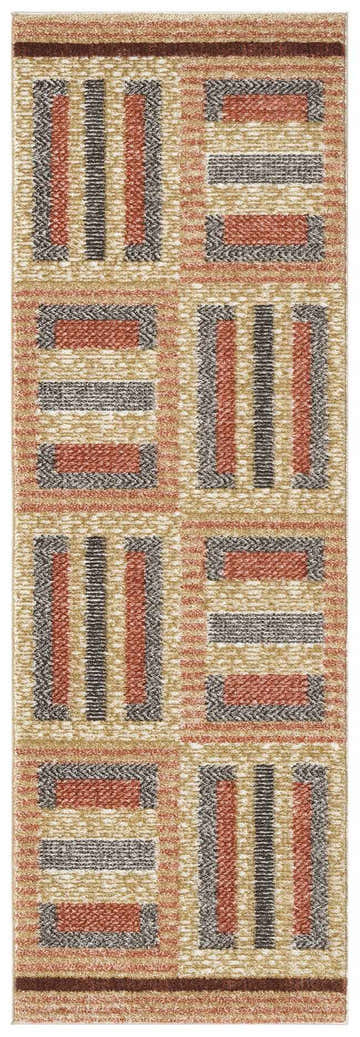 Close-up of the Nourison Nordic Multicolor Rug, featuring a geometric pattern in tan, rust, and gray.