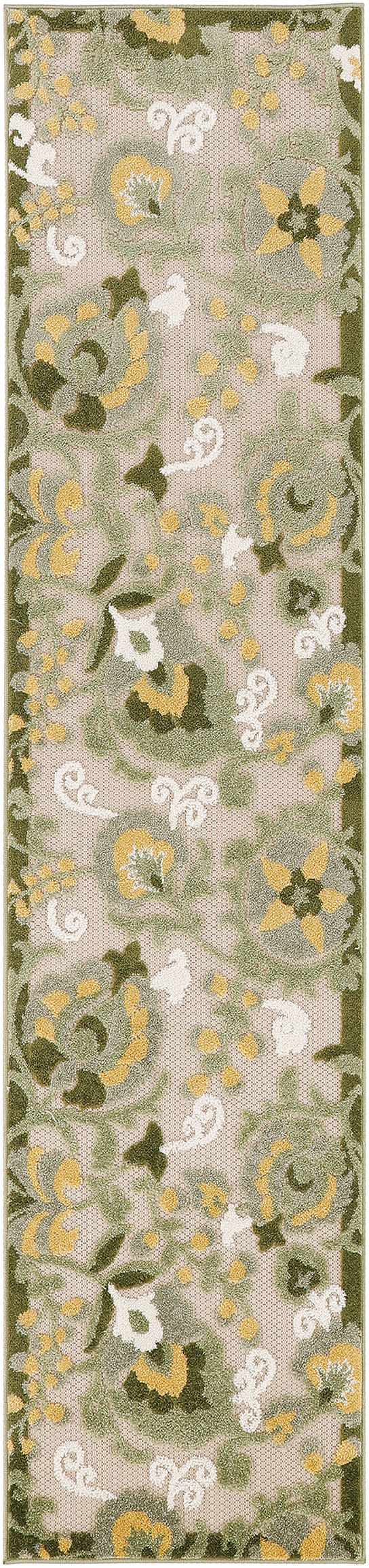 Close-up of Nourison Aloha Ivory Green Outdoor Area Rug showing floral pattern in green, gold, and white.