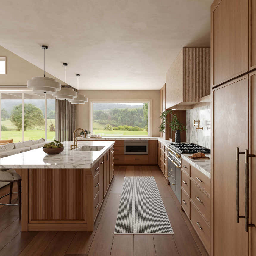 Farmhouse kitchen with wood cabinets and Nourison Natural Texture Ivory Grey rug on wood floor.