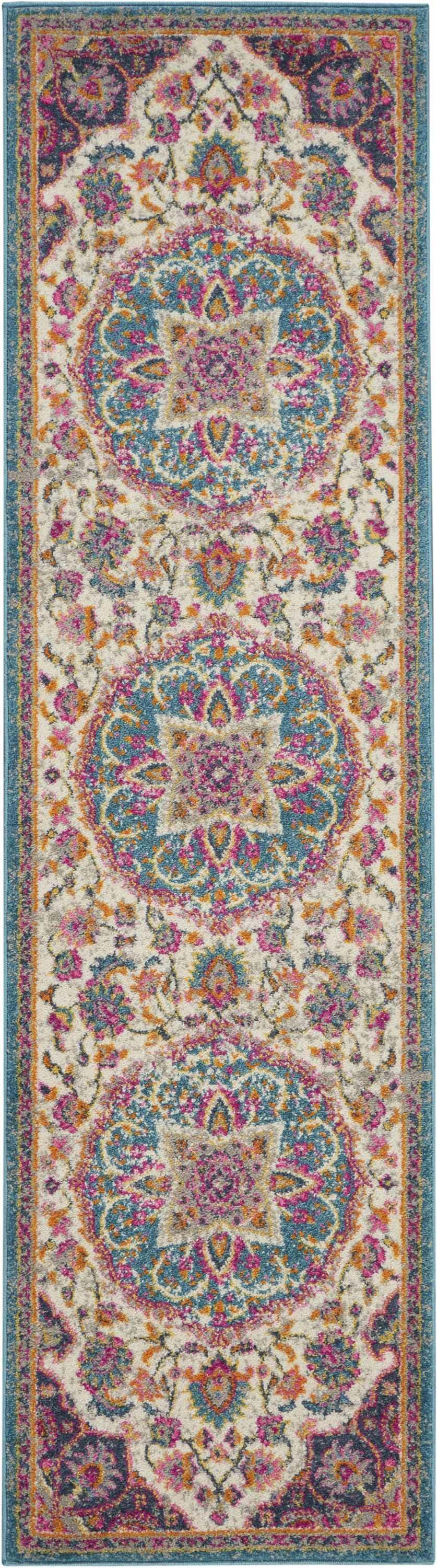 Close-up of the Nourison Passion Ivory Multicolor rug featuring a transitional floral medallion design with blue, pink, and orange accents.