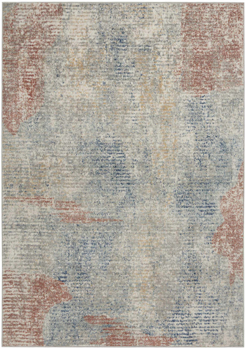 Close-up of Nourison Quarry Ivory Multicolor Rug. Contemporary style with chestnut, blue, and gold accents.