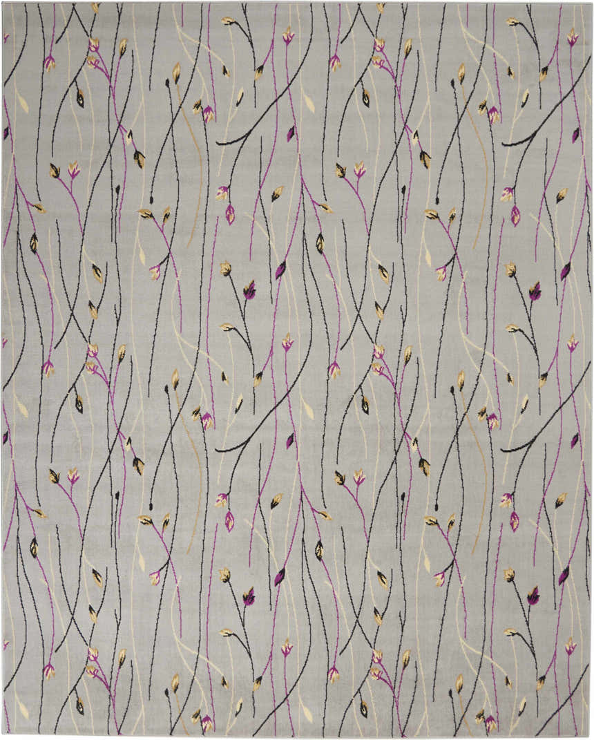 Close-up of Nourison Grafix Grey Contemporary Indoor Area Rug with a floral branch pattern in purple, black, and beige.