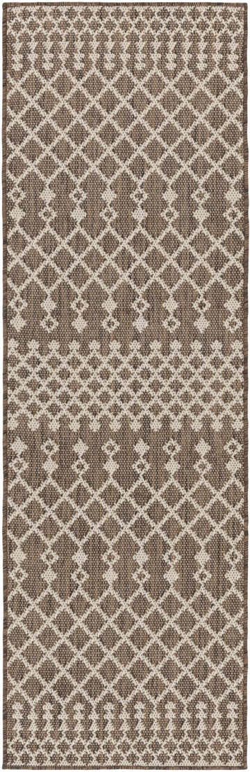 Close-up of the Nourison Positano Natural Modern Area Rug. Features a geometric diamond pattern in brick red and natural tones.