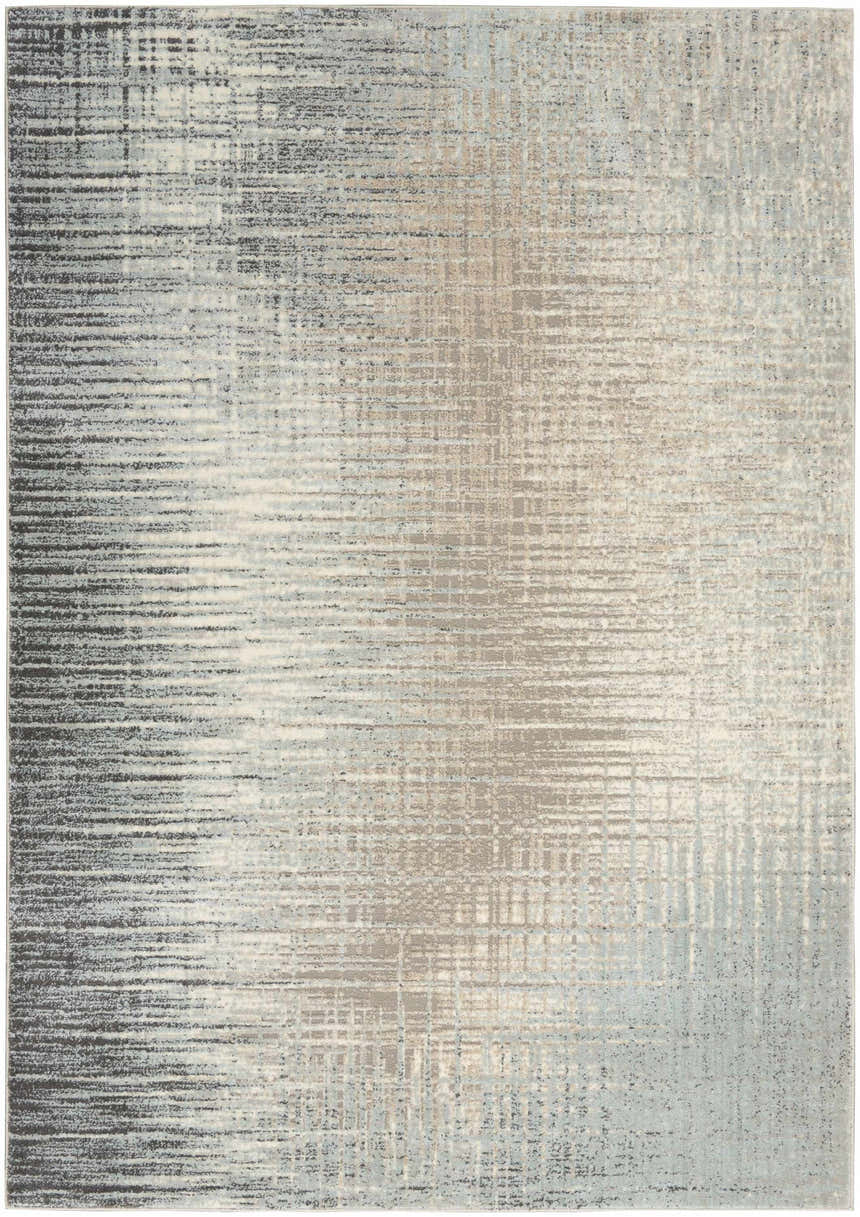 Close-up of the Nourison Marmara Teal/Grey rug, featuring a modern abstract pattern with teal, gray, and ivory hues.