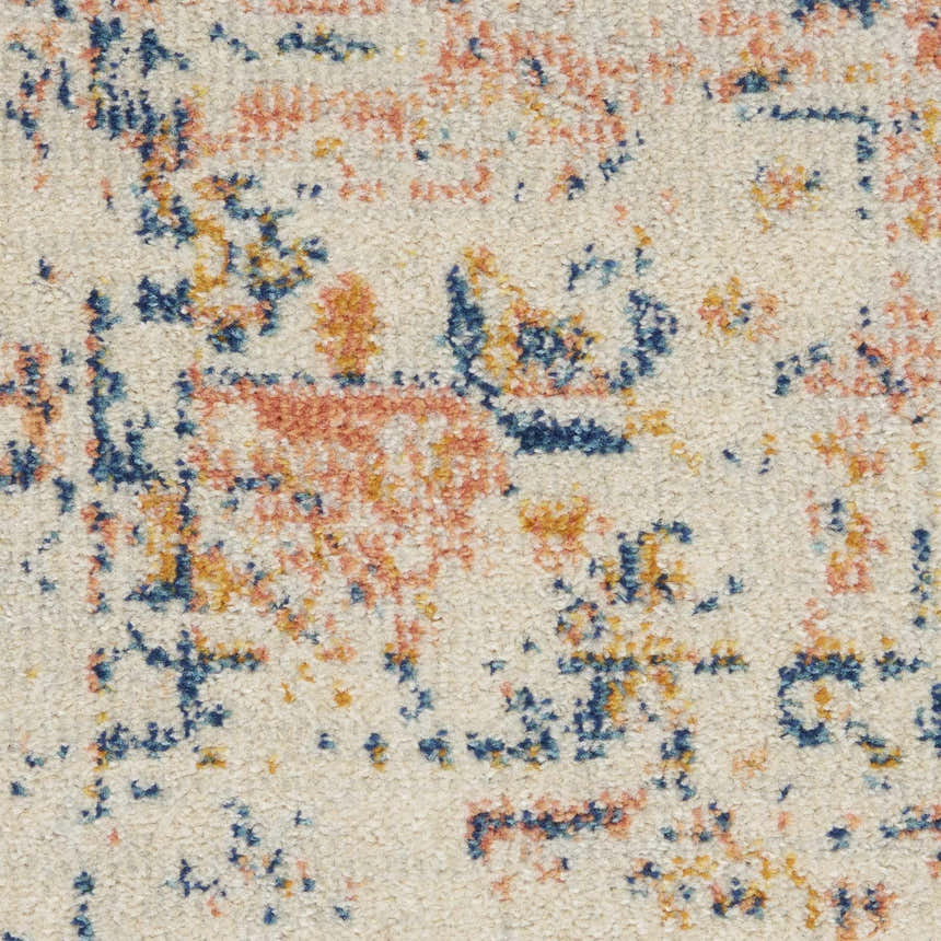 Close-up of Nourison Tranquil Ivory Multicolor Persian rug. Shows texture, chestnut, blue and gold colors, and machine-made design.