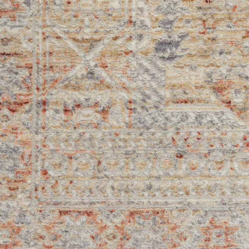 Close-up of the vintage Nourison Lustrous Weave Grey Brick rug, showing the texture and gray, orange, and ivory pattern.