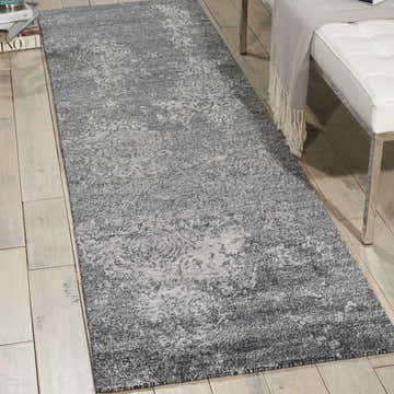 Entryway scene with a Nourison Silk Shadows Graphite Vintage runner rug on light wood floors.
