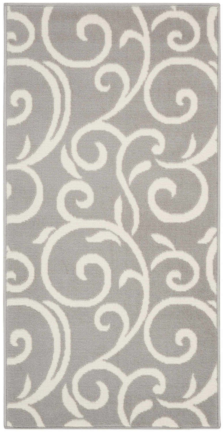 Close-up of the Nourison Grafix Grey Contemporary Indoor Area Rug with a swirling ivory vine pattern.