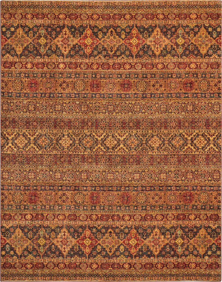 Detailed pattern of Nourison Jewel Blue Red Moroccan Indoor Area Rug. Clearance rug with blue, red, and gold tones.