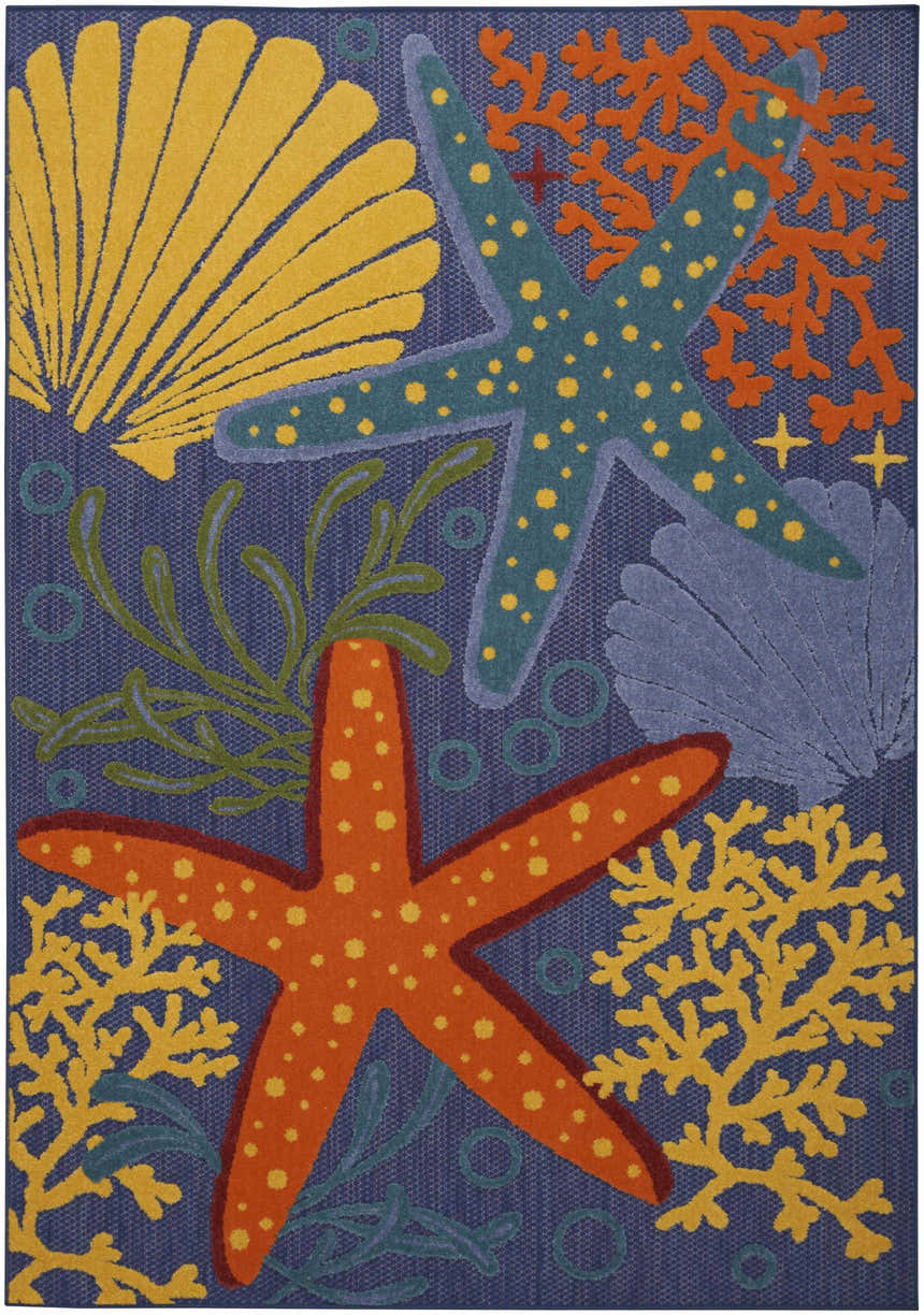 Close-up of Nourison Aloha Navy Multicolor rug featuring starfish, shells, and coral on a navy background.